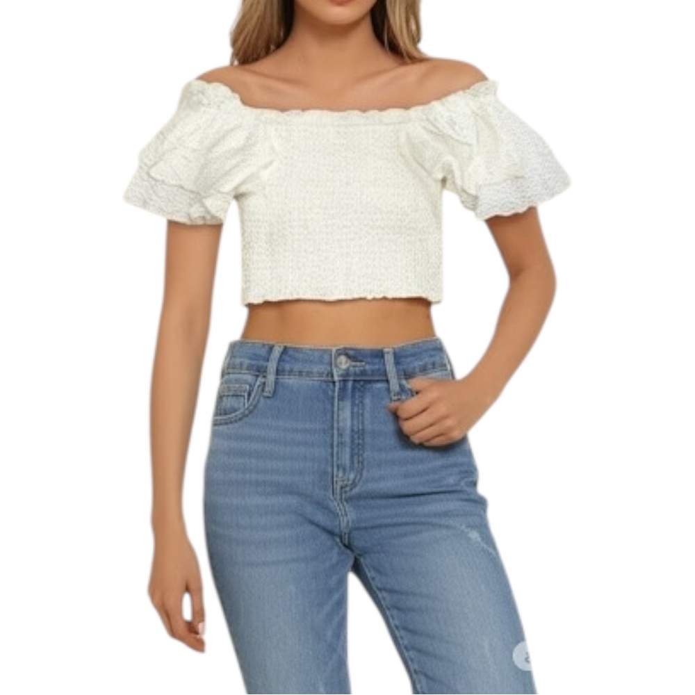 Forever 21 White Smocked Crop Top Medium M Off The Shoulder Ruffle Sleeves NWT